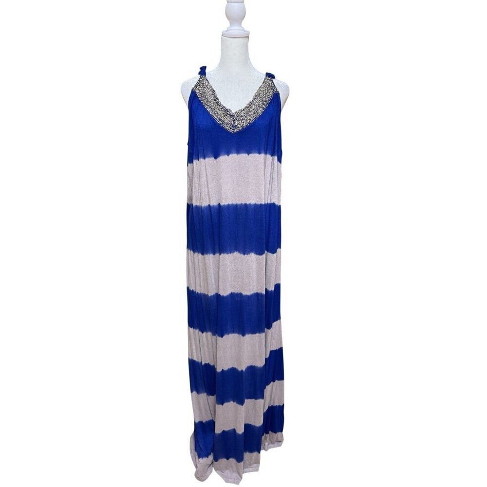 INC International 3X Blue Tie Dye Maxi Dress Beaded NWT